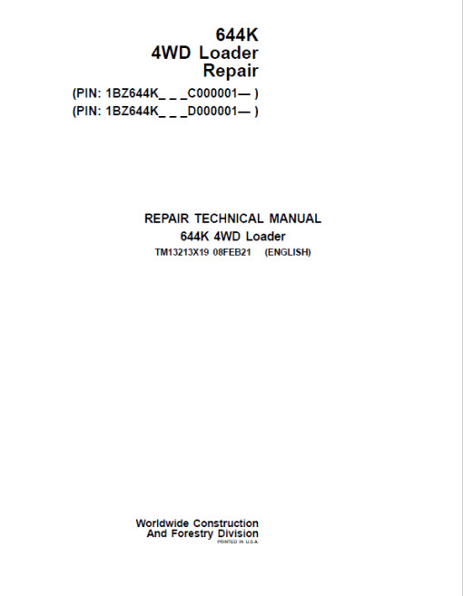 John Deere 644K 4WD Loader Technical Manual (S.N. after C000001 & D000001 - )