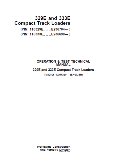 John Deere 329E, 333E SkidSteer Track Loader Technical Manual (S.N from E236690 - )