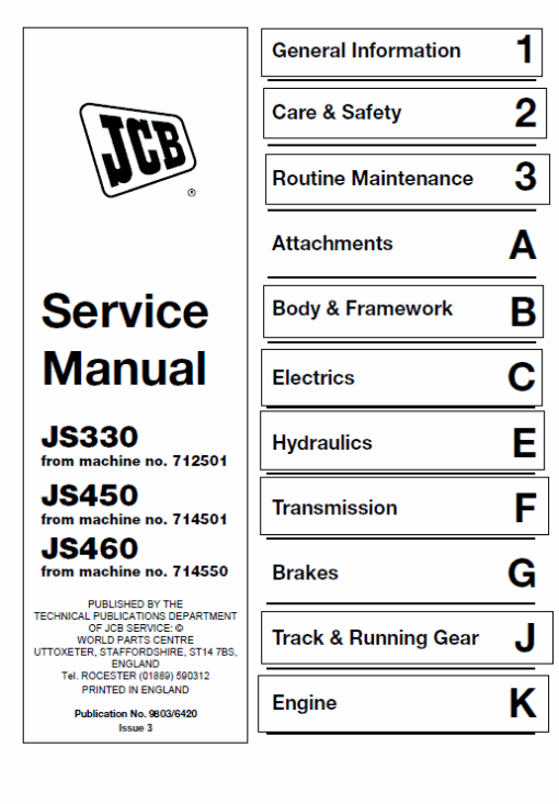 JCB JS330, JS450, JS460 Manual Tracked Excavator Service Manual