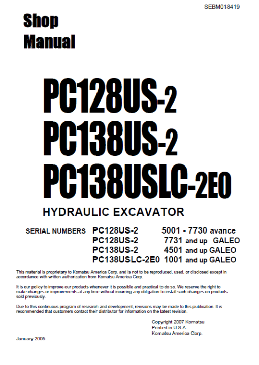 Komatsu PC128US-2, PC138US-2 and PCN138USLC-2E0 Excavator Manual