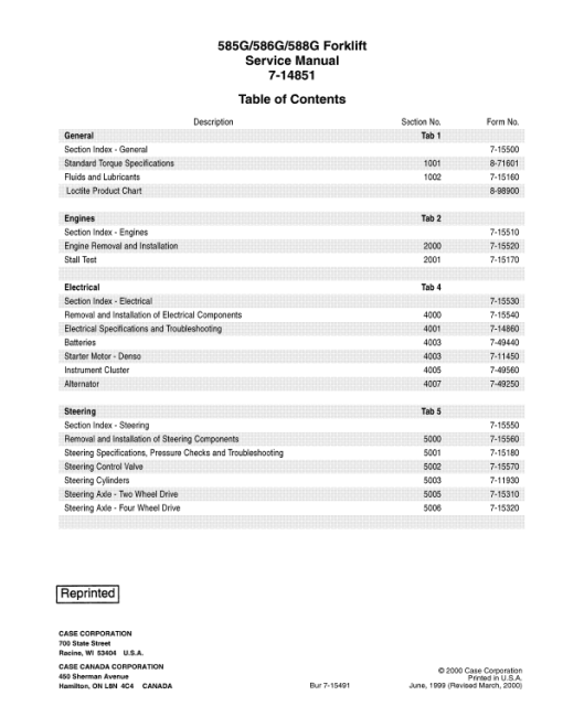 Case 585G, 586G, 588G Forklift Service Manual