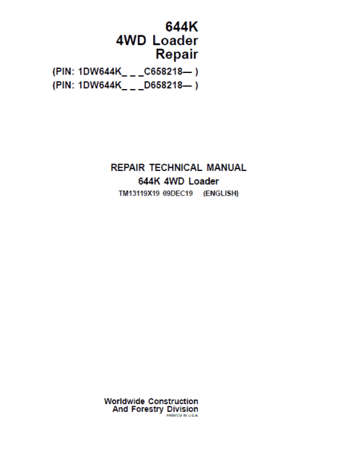 John Deere 644K 4WD Loader Technical Manual (S.N. after C658218 & D658218 - )