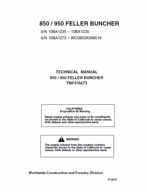 John Deere Timberjack 850, 950 Feller Buncher Technical Manual