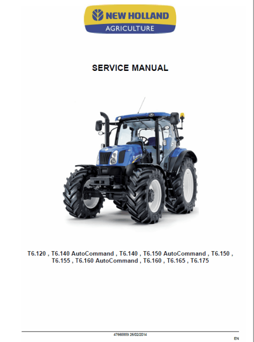 New Holland T6.125, T6.140, T6.145, T6.150, T6.155 Tractor Service Manual