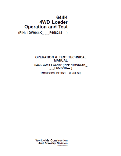 John Deere 644K 4WD Loader Technical Manual (S.N. after F658218 - )