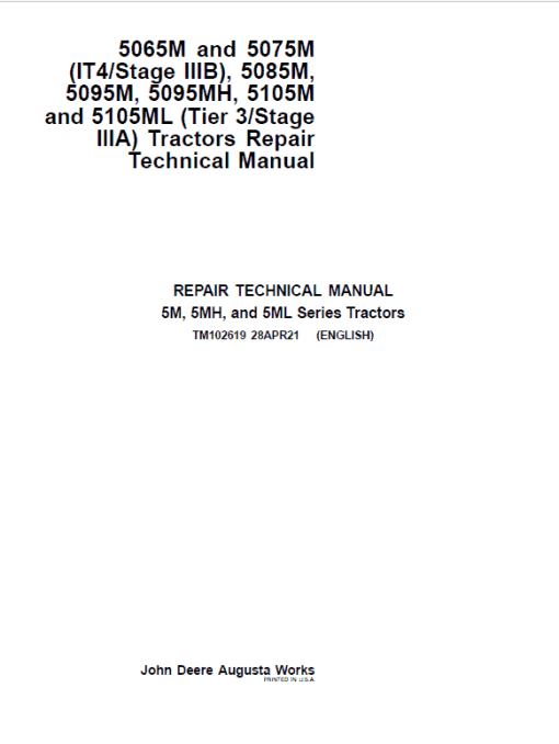 John Deere 5085M, 5095M, 5095MH, 5105M, 5105ML (Tier 3) Tractor Repair Manual