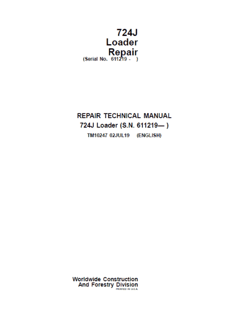 John Deere 724J Loader Repair Technical Manual (S.N. after 611219 -)