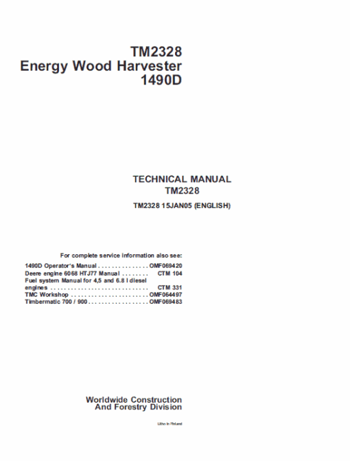 John Deere 1490D Harvester Repair Technical Manual (TM2238)