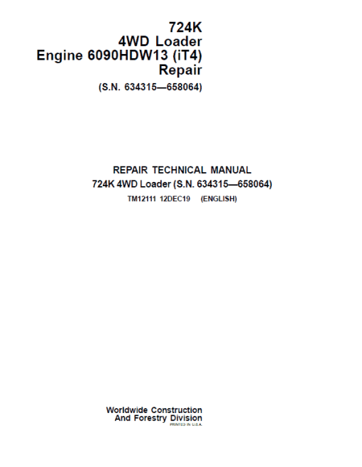 John Deere 724K 4WD Engine 6090HDW13 (iT4) Technical Manual (S.N 634315 - 658064)