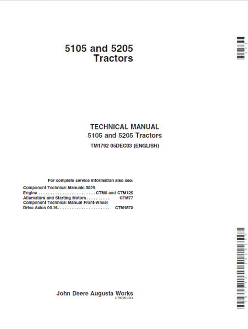 John Deere 5105, 5205 Tractors Repair Technical Manual