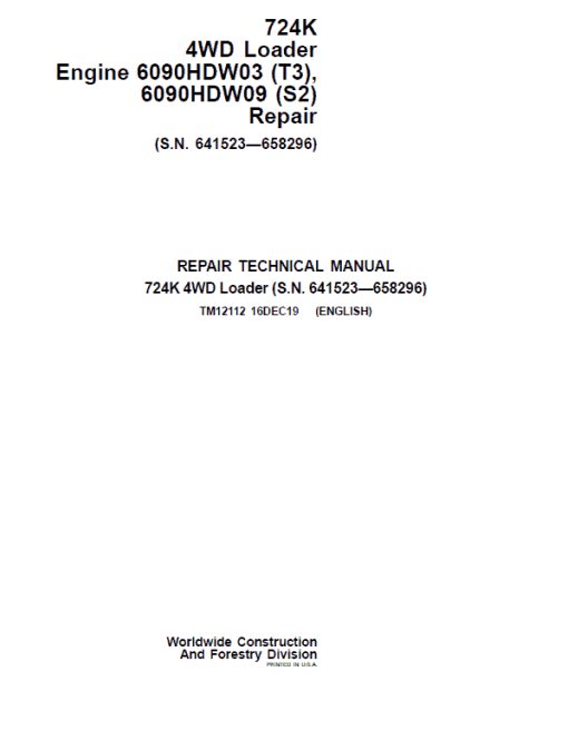 John Deere 724K 4WD Engine S2 & T3 Loader Technical Manual (S.N. 641523 - 658296)