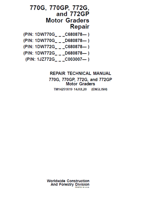 John Deere 770G, 770GP, 772G, 772GP Grader Technical Manual (S.N 680878 & C003007 - )