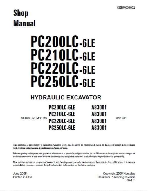 Komatsu PC200LC-6LE, PC210LC-6LE, PC220LC-6LE, PC250LC-6LE Excavator Repair Manual