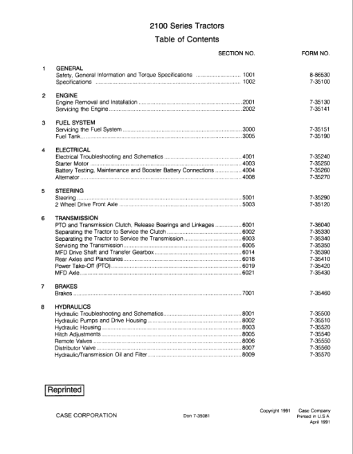 Case 2120, 2130, 2140, 2150 Tractor Service Manual