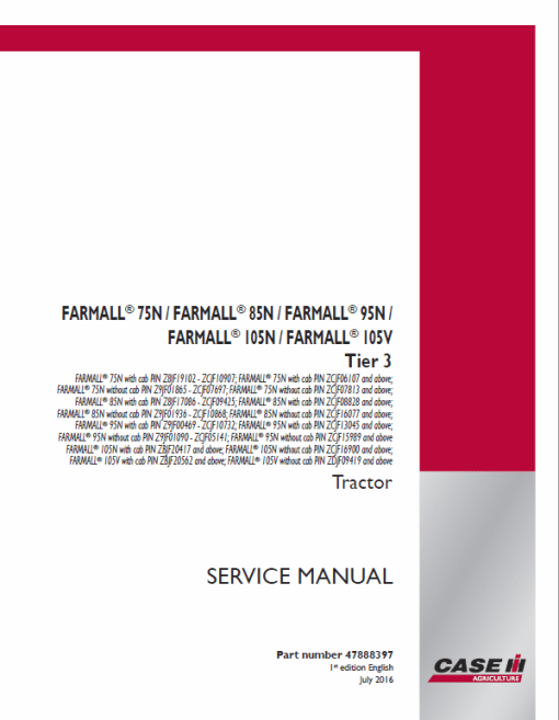 Case  Farmall 75N, 85N, 95N, 105N, 105V Tractor Service Manual