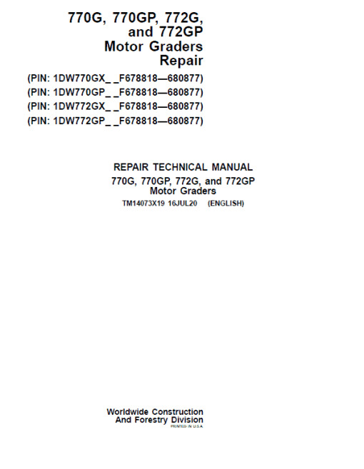 John Deere 770G, 770GP, 772G, 772GP Grader Technical Manual (S.N F680878 - F680877)