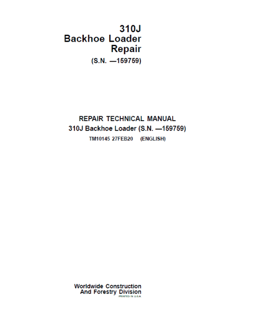 John Deere 310J Backhoe Loader Repair Technical Manual (S.N before - 159759 )