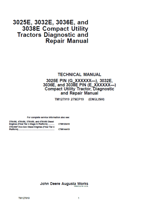 John Deere 3025E, 3032E, 3036E, 3038E Utility Tractors Technical Manual (S.N from 610000 - )