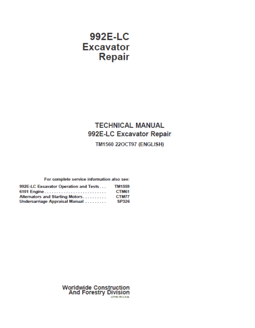 John Deere 992E LC Excavator Repair Technical Manual