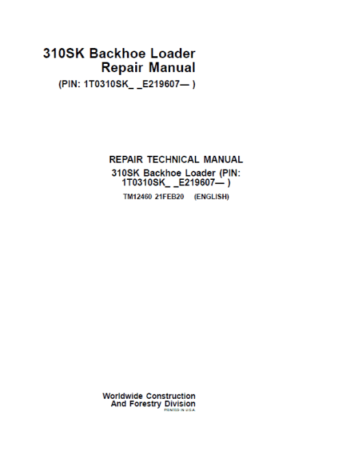 John Deere 310SK Backhoe Loader Repair Technical Manual (S.N after E219607 - )