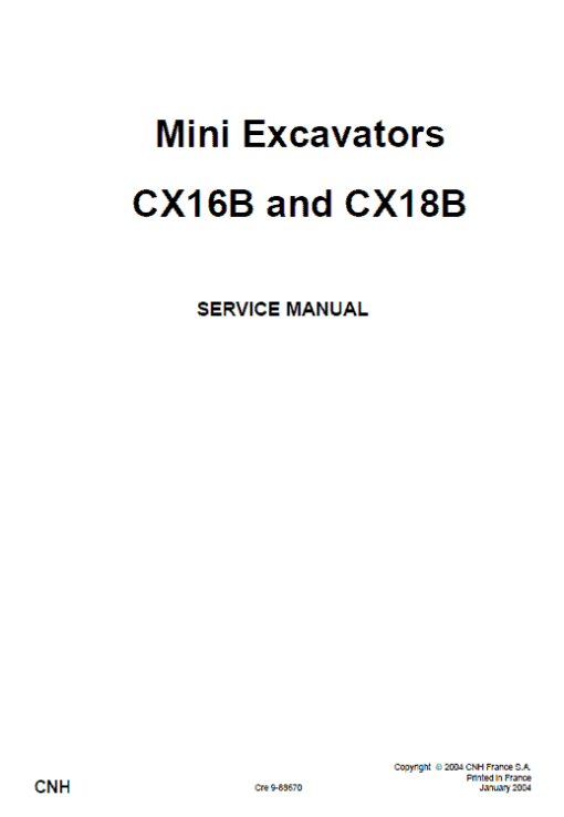 Case CX16B and CX18B Mini Excavator Service Manual