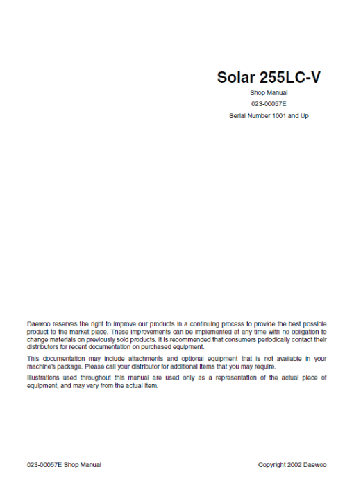 Daewoo Solar S255LC-V Excavator Service Manual