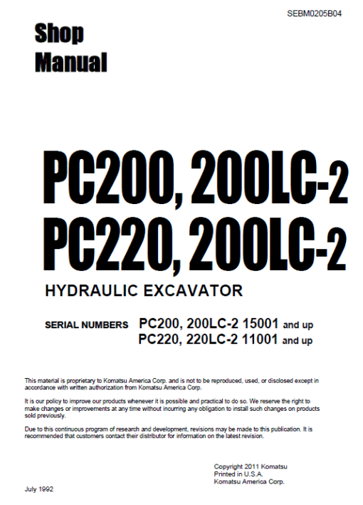 Komatsu PC200-2, PC200LC-2, PC220-2, PC220LC-2 Excavator Manual