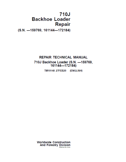 John Deere 710J Backhoe Loader Technical Manual (S.N before - 159769 & 161144 - 172184 )