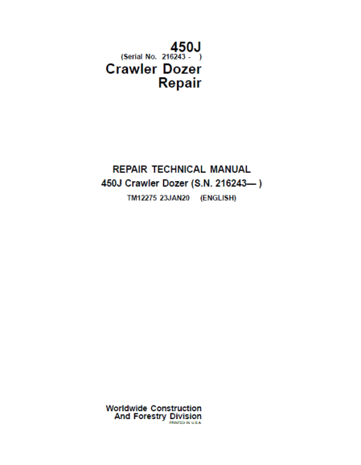 John Deere 450J Crawler Dozer Technical Manual (SN. from 216243)