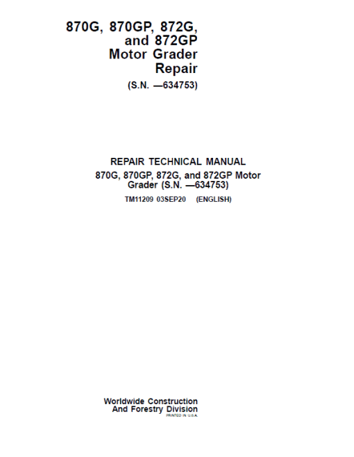 John Deere 870G, 870GP, 872G, 872GP Grader Technical Manual (S.N - 634753 ) - Image 2