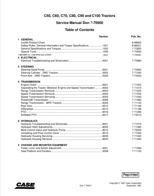 Case C50, C60, C70, C80, C90, C100 Tractors Service manual