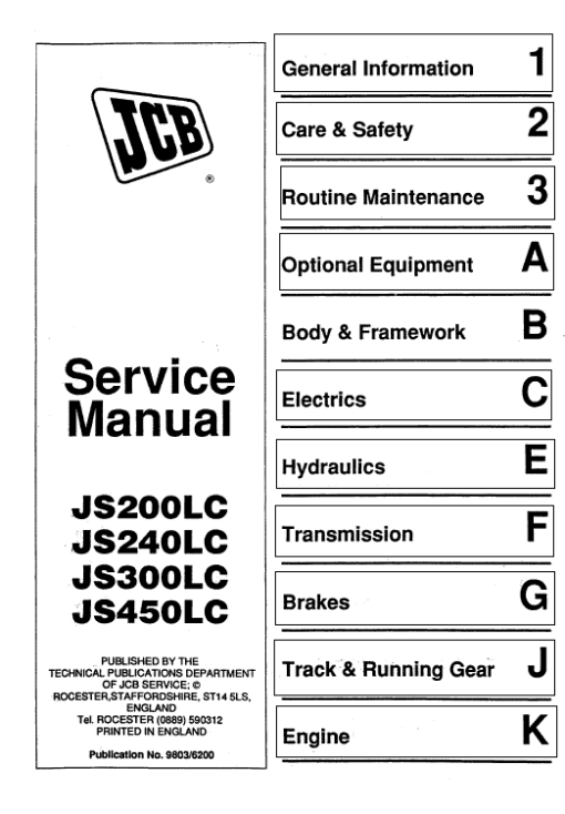 JCB JS200LC, JS240LC, JS300LC, JS450LC Excavator Service Manual