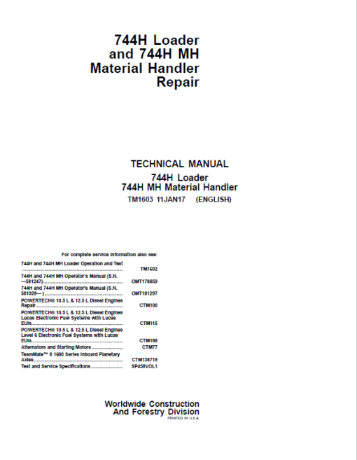 John Deere 744H and 744H MH Loader Repair Technical Manual