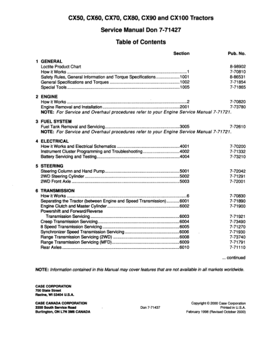 Case C50X, C60X, C70X, C80X, C90X, C100X Tractors Service manual