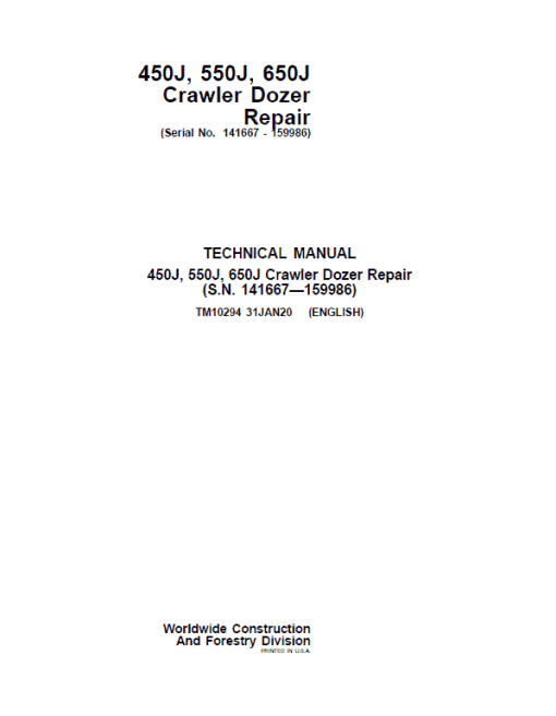 John Deere 450J, 550J, 650J Crawler Dozer Technical Manual (SN. from 141667-159986)