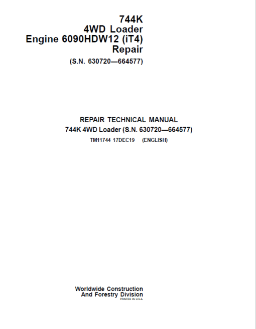 John Deere 744K 4WD Engine 6090HDW12 (iT4) Technical Manual (S.N 630720 - 664577)