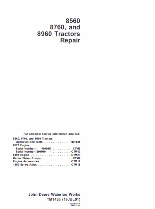 John Deere 8560, 8760, 8960 Tractor Technical Manual (TM1433)