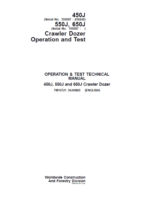 John Deere 450J, 550J, 650J Crawler Dozer Technical Manual (SN. from 159987 -216242) - Image 2