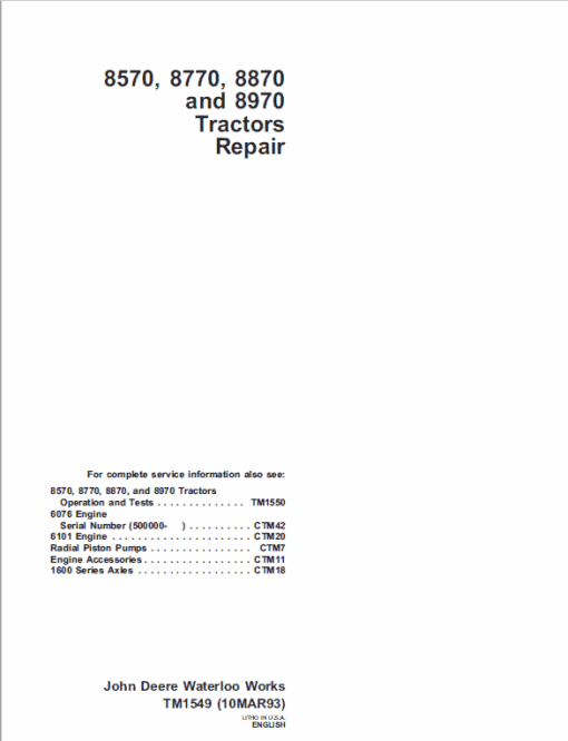 John Deere 8570, 8770, 8870, 8970 Tractor Technical Manual (TM1549)