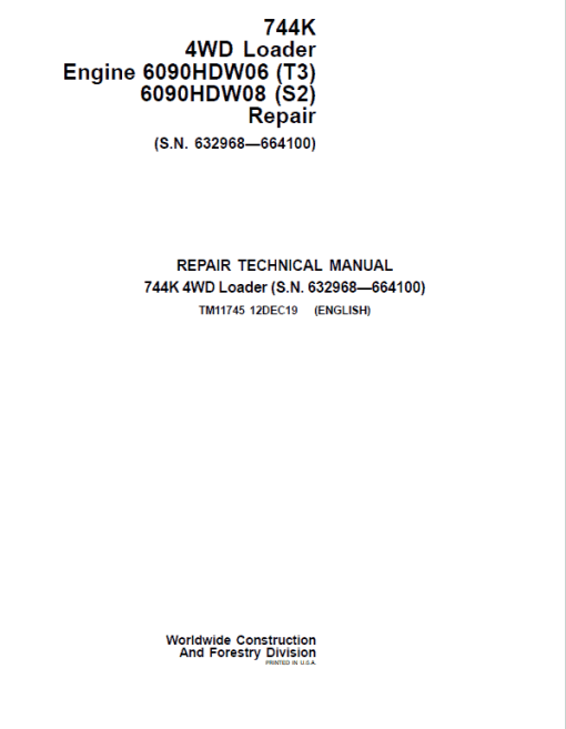 John Deere 744K 4WD Engine T3, S2 Technical Manual (S.N 632968 - 664100)