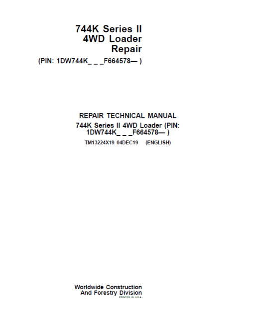 John Deere 744K 4WD Series II Loader Technical Manual (S.N after F664578 -)