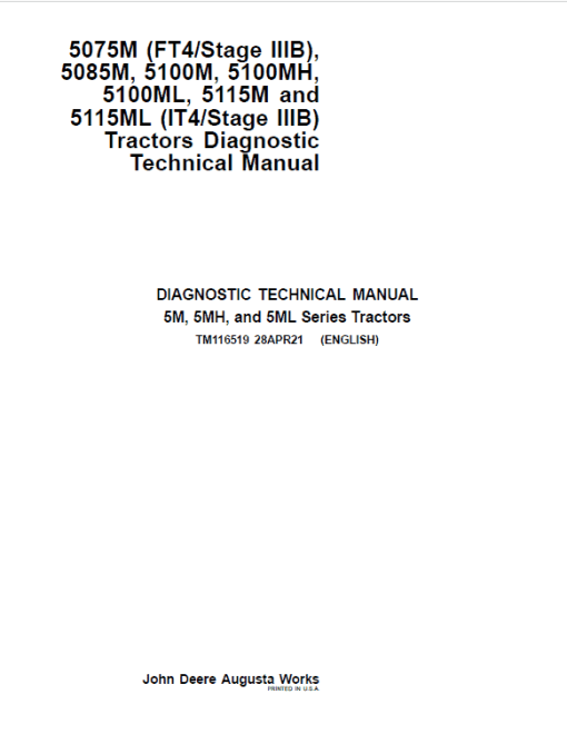 John Deere 5075M (FT4/Stage IIIB), 5085M (IT4/Stage IIIB) Tractors Repair Technical Manual