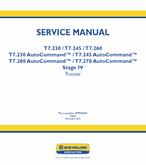 New Holland T7.230, T7.240, T7.245, T7.260, T7.270 Tractor Service Manual