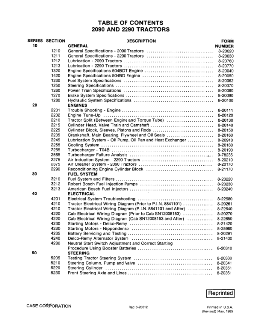 Case 2090, 2290 Tractor Service Manual