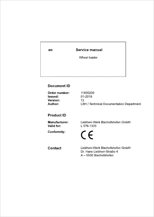 Liebherr L576 Type 1333 Wheel Loader Service Manual