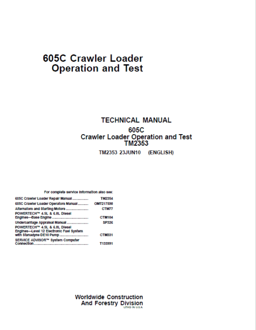 John Deere 605C Crawler Loader Technical Manual (TM2353 and TM2354) - Image 2