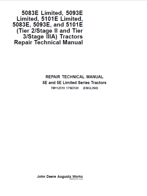 John Deere 5083E Limited, 5093E Limited, 5101E Limited Repair Technical Manual