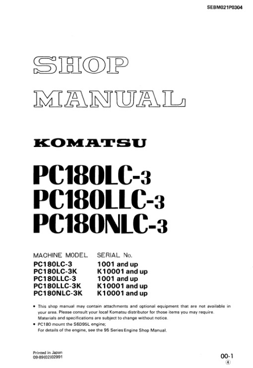 Komatsu PC180LC-3, PC180LLC-3, PC180NLC-3 Excavator Manual