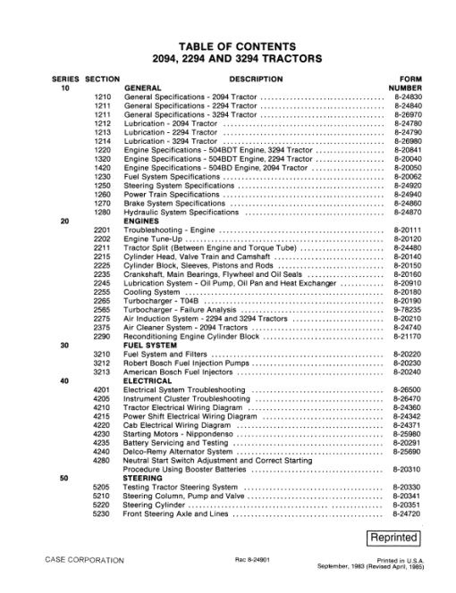 Case 2094, 2294, 3294 Tractor Service Manual