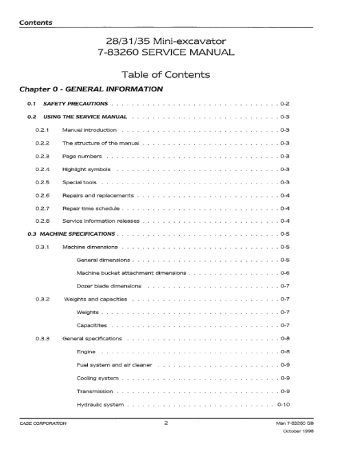 Case 21, 31, 35 Mini-Excavator Service Manual